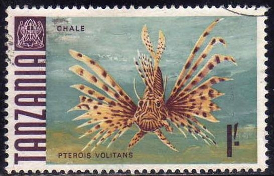 z vendido Tanzania 1967 Scott 19 Sello º Fauna Peces chale Pterois Volitans Turkeyfish Timbre Tanzanie 